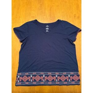 St Johns Bay Womens XL Navy Blue Embroidered Hem Short Sleeve Slub Knit Top